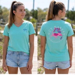 Women's XL Guy Harvey Aqua Green T-Shirt Short Sleeve V-neck Two-sided Print